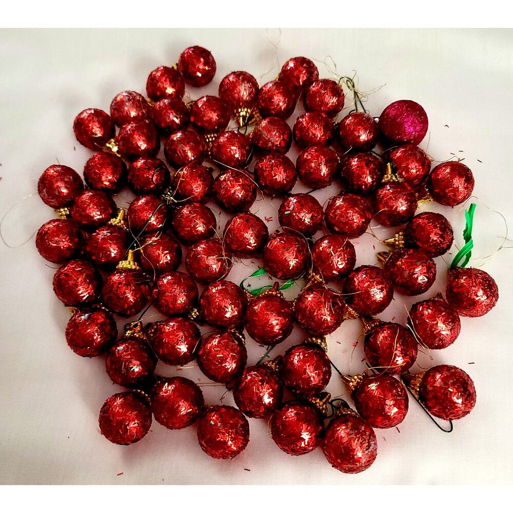 65 Vintage 1 Inch Red Cherry Bomb Tinsel And Beaded Hanging Christmas Ornaments